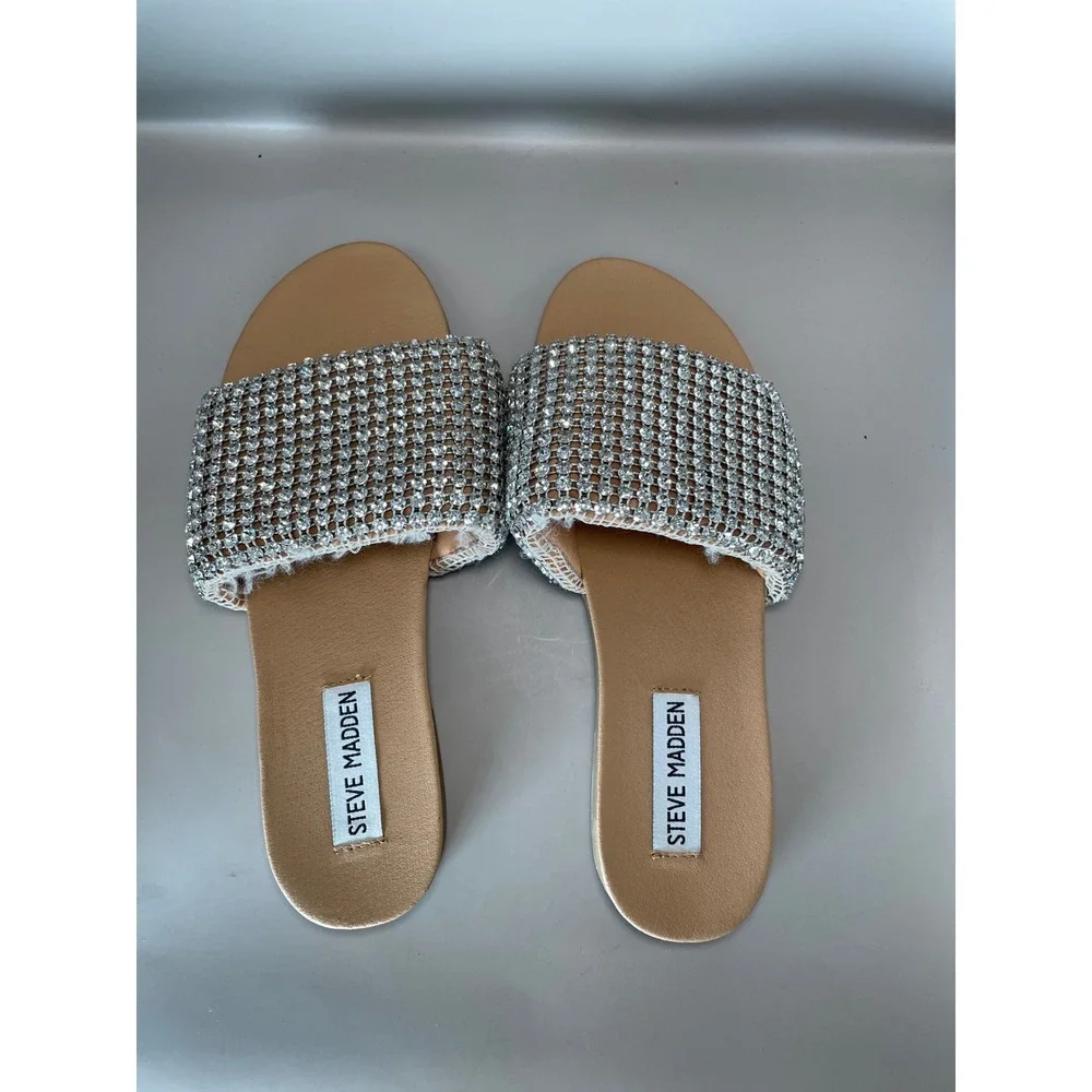 Steve Madden Kameo Rhinestone Slide Sandals Tan Silver Sparkle Flat Womens 7M